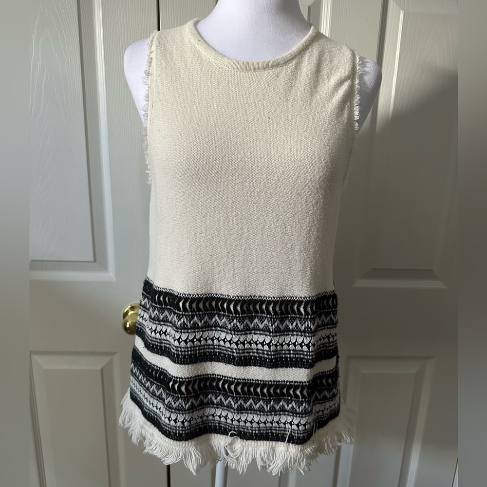Madewell Villagrove Sweater Tank, fringe, knit, ivory/black, Large
